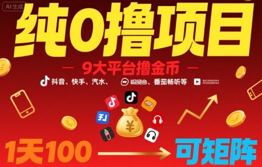 纯0撸项目，9大平台撸金币，抖音，快手，汽水，番茄畅听等，1天100，可矩阵-白蛇网赚
