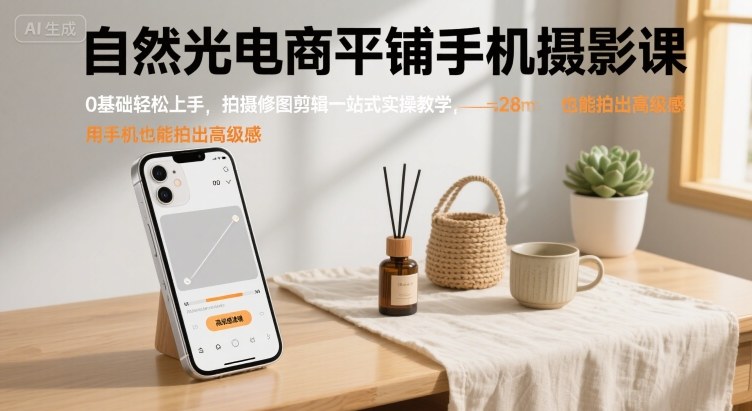 自然光电商平铺手机摄影课，0基础轻松上手，拍摄修图剪辑一站式实操教学，用手机也能拍出高级感-白蛇网赚