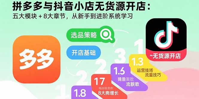 拼多多与抖音小店无货源开店：五大模块+8大章节，从新手到进阶系统学习-白蛇网赚