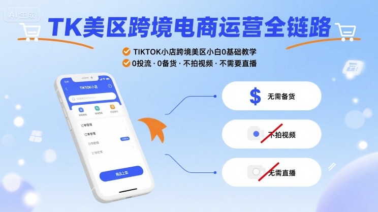 TK美区跨境电商运营全链路，TIKTOK小店跨境美区小白0基础教学，0投流0备货不拍视频不需要直播-白蛇网赚
