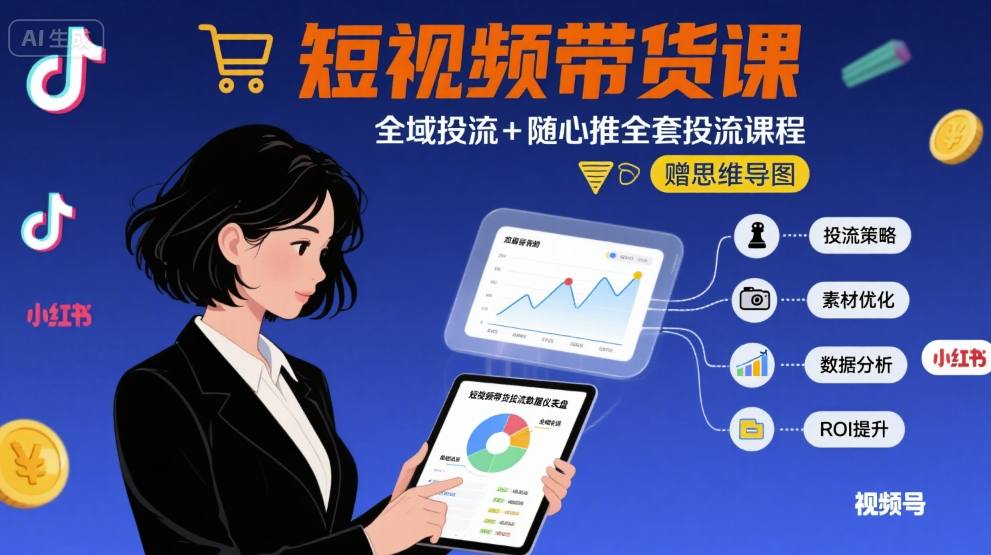 最新短视频带货课，全域投流+随心推全套投流课程+思维导图-白蛇网赚