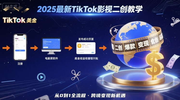 2025年最新TikTok影视二创教学，从注册到发布撸美金全流程，跨境变现新机遇-白蛇网赚