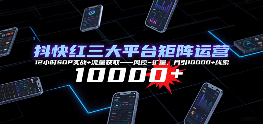 抖快红三大平台矩阵运营，12小时SOP实战+流量获取-风控-扩量，月引10000+线索-白蛇网赚