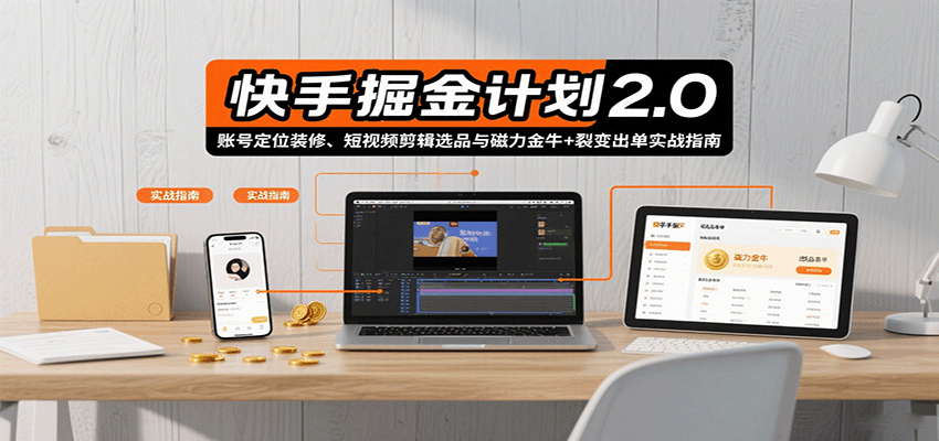 快手掘金计划2.0，账号定位装修、短视频剪辑选品与磁力金牛+裂变出单实战指南-白蛇网赚