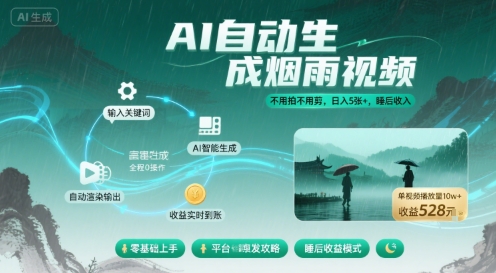 不用拍不用剪！AI自动生成烟雨视频，日入5张+，睡后收入-白蛇网赚