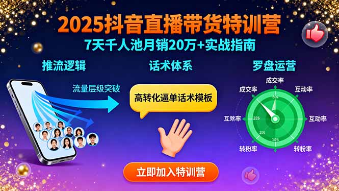 2025抖音直播带货特训：推流逻辑、话术体系、罗盘运营,7天千人池月销20万+-白蛇网赚
