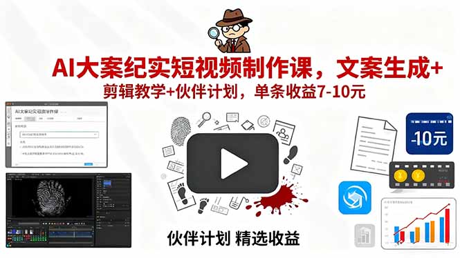 AI大案纪实短视频制作课，文案生成+剪辑教学+伙伴计划，单条收益7-10元-白蛇网赚