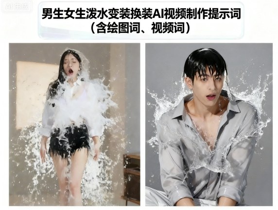 男生女生泼水变装换装AI视频制作提示词(含绘图词、视频词)-白蛇网赚