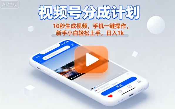 视频号分成计划懒人玩法，10秒生成视频，手机一键操作，新手小白轻松上手，日入1K【揭秘】-白蛇网赚