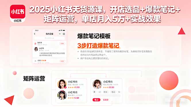 2025小红书无货源课，开店选品+爆款笔记+矩阵运营，单店月入5万+实战效果-白蛇网赚