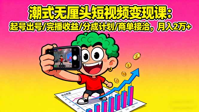 潮式无厘头短视频变现课：起号出号/完播收益/分成计划/商单接洽，月入2万+-白蛇网赚
