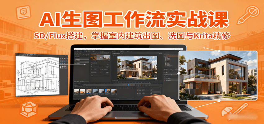 AI生图工作流实战课：SD/Flux搭建，掌握室内建筑出图、洗图与Krita精修-白蛇网赚
