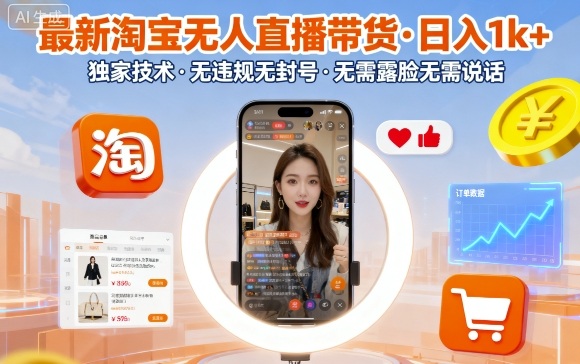 最新淘宝无人直播带货，日入1k+，独家技术，无违规无封号，无需露脸无需说话【揭秘】-白蛇网赚
