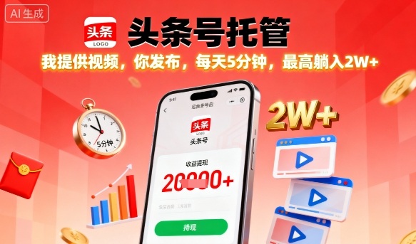 【头条号托管】我提供视频，你发布，每天5分钟，最高躺入2W+【揭秘】-白蛇网赚