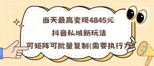 当天最高变现1k+，抖音私域新玩法，可矩阵可批量复制-白蛇网赚