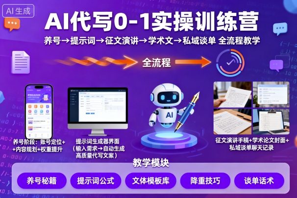 AI代写0-1实操训练营，从养号、提示词、征文演讲、学术文，到私域谈单的全流程教学-白蛇网赚