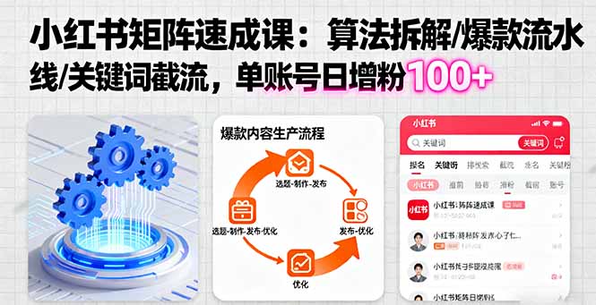 小红书矩阵起号速成课:算法拆解/爆款流水线/关键词截流 单账号日增粉100+-白蛇网赚