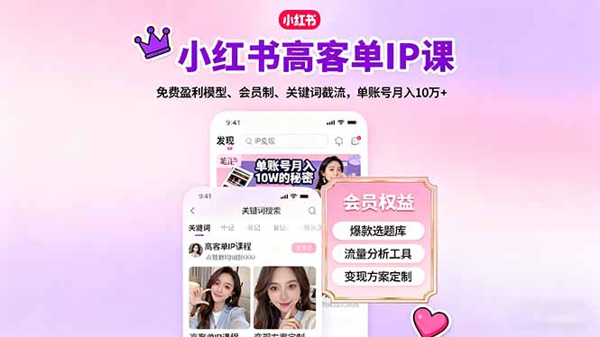 小红书高客单IP课，免费盈利模型、会员制、关键词截流，单账号月入10万+-白蛇网赚