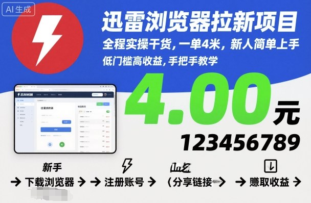 迅雷浏览器拉新项目,全程实操干货,一单4米,新人简单上手-白蛇网赚