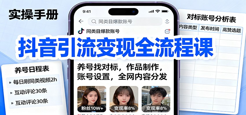 抖音引流变现全流程课:养号找对标,作品制作,账号设置,全网内容分发-白蛇网赚