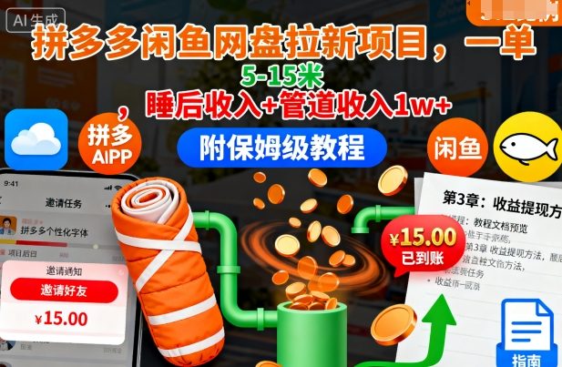 拼多多闲鱼网盘拉新项目，一单5-15米，睡后收入+管道收入1w+(附保姆级教程)-白蛇网赚