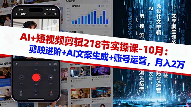 AI+短视频剪辑218节实操课-10月：剪映进阶+AI文案生成+账号运营，月入2万-白蛇网赚