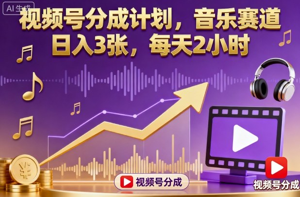 视频号分成计划，音乐赛道，日入3张，每天2小时-白蛇网赚