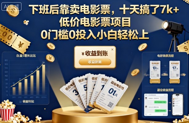 下班后靠卖电影票，十天搞了7k+，低价电影票项目，0门槛0投入小白轻松上手【揭秘】-白蛇网赚