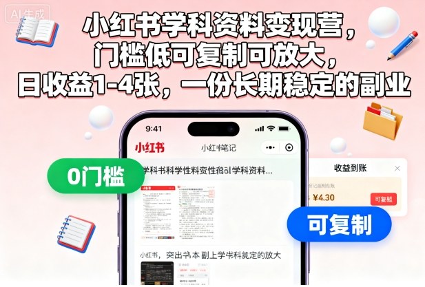 小红书学科资料变现营，门槛低可复制可放大，日收益1-4张，一份长期稳定的副业-白蛇网赚