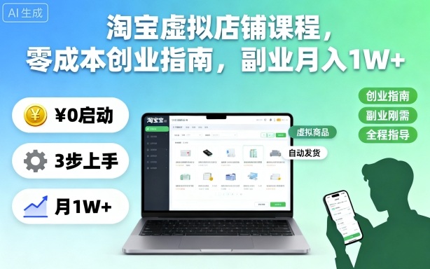 淘宝虚拟店铺课程,零成本创业指南,副业月入1W+-白蛇网赚