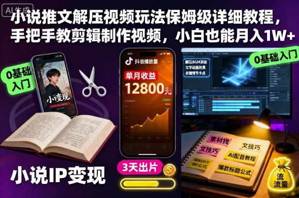 小说推文解压视频玩法保姆级详细教程，手把手教剪辑制作视频，小白也能月入1W+-白蛇网赚