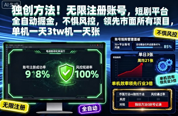 独创方法!无限注册账号,短剧平台全自动掘金,不惧风控,领先市面所有项目,单机一天3张【揭秘】-白蛇网赚