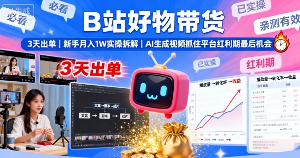 B站好物带货,3天出单,新手月入1W实操拆解,AI生成视频,抓住平台红利期最后机会-白蛇网赚