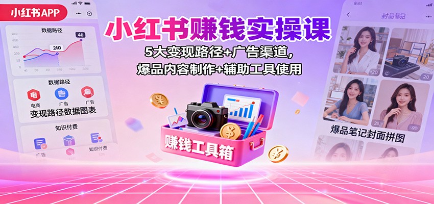 小红书赚钱实操课:5大变现路径+广告渠道,爆品内容制作+辅助工具使用-魔逗项目网