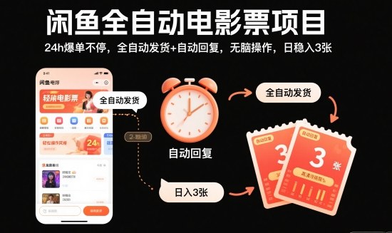 闲鱼全自动电影票项目，24h爆单不停，全自动发货+自动回复，无脑操作，日稳入3张【揭秘】-白蛇网赚