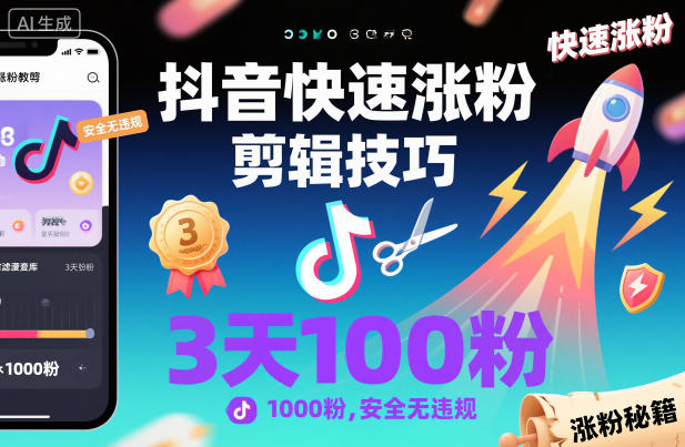 抖音快速涨粉剪辑技巧，3天1000粉，安全无违规-白蛇网赚