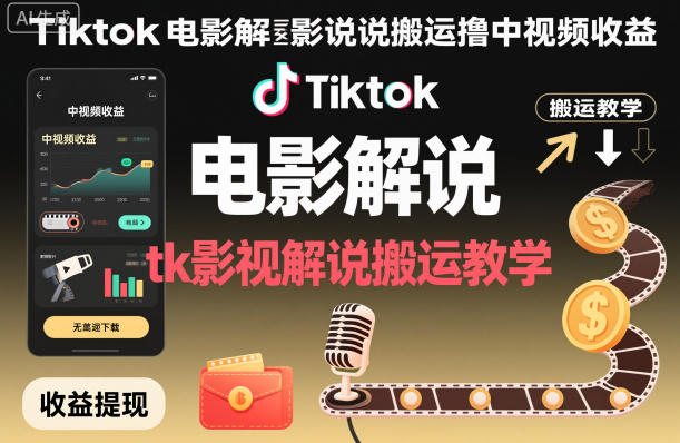 Tiktok电影解说搬运撸中视频收益，tk影视解说搬运教学-白蛇网赚