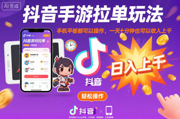 抖音手游拉单玩法，手机平板都可以操作，一天十分钟也可以收入上K【揭秘】-白蛇网赚