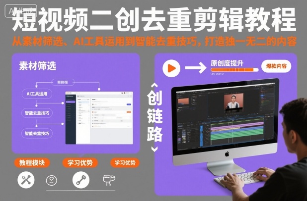 短视频二创去重剪辑教程，从素材筛选、AI工具运用到智能去重技巧，打造独一无二的内容-白蛇网赚