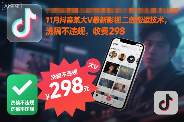11月抖音某大V最新影视二创搬运技术，洗稿不违规，收费298-白蛇网赚