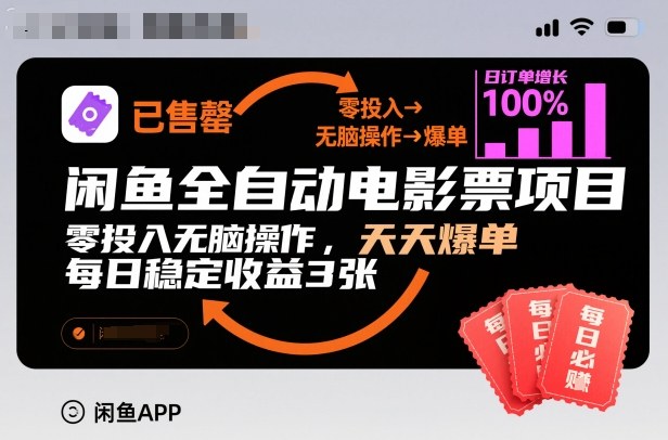 闲鱼全自动电影票项目，零投入无脑操作，天天爆单，每日稳定收益3张【揭秘】-白蛇网赚