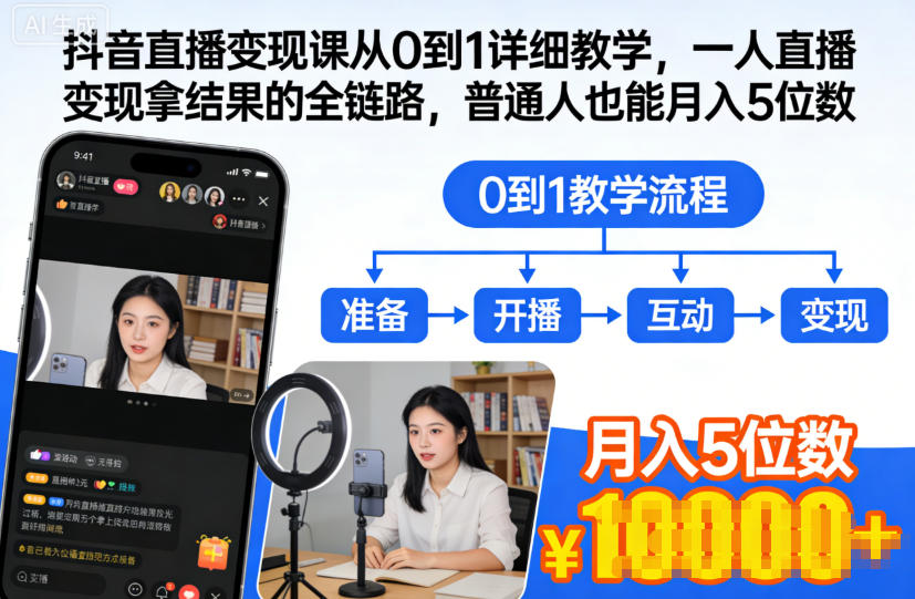 抖音直播变现课从0到1详细教学，一人直播变现拿结果的全链路，普通人也能月入5位数-白蛇网赚