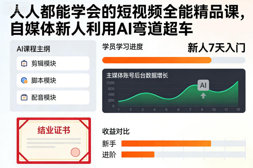 人人都能学会的短视频全能精品课，自媒体新人利用AI弯道超车-白蛇网赚