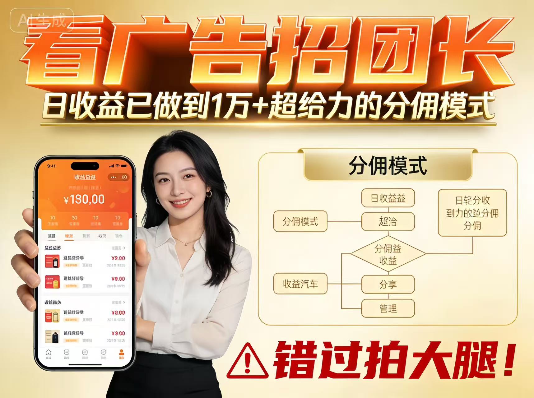 看广告招团长，团队收益已做到日入1万，分佣模式超给力，错过拍大腿-白蛇网赚