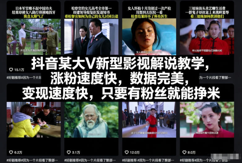 抖音某大V新型影视解说教学，涨粉速度快，数据完美，变现速度快，只要有粉丝就能挣米-白蛇网赚