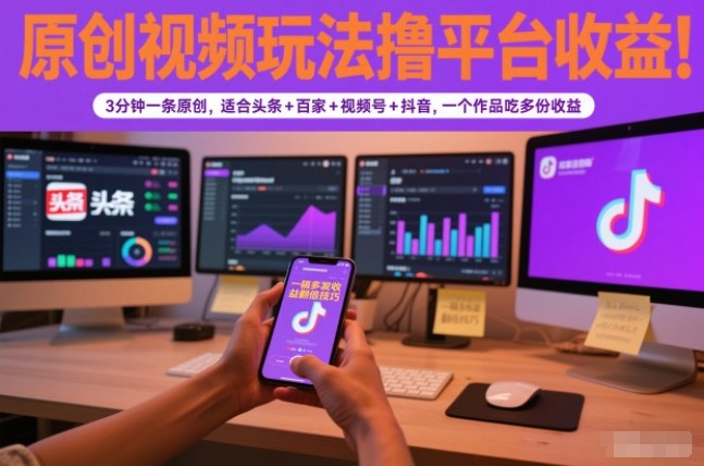 原创视频玩法撸平台收益，3分钟一条原创，适合头条+百家+视频号+抖音，一个作品吃多份收益-白蛇网赚