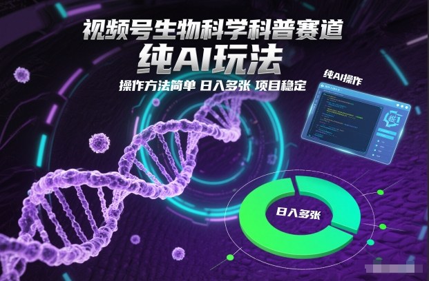 视频号生物科学科普赛道，纯AI玩法，操作方法简单，日入多张，项目稳定-白蛇网赚