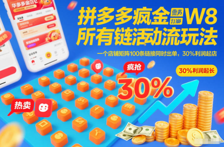 拼多多疯狂活动流玩法，所有链接全部打标，一个店铺矩阵100条链接同时出单，30%利润起店-白蛇网赚