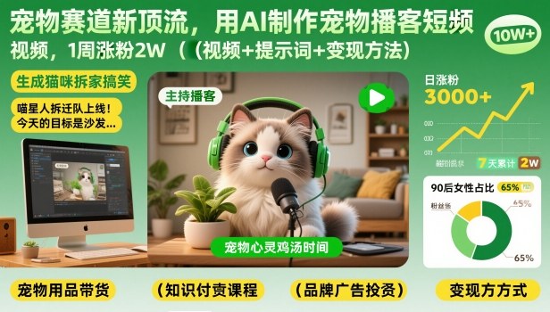 宠物赛道新顶流，用AI制作宠物播客短视频，1周涨粉2W(视频+提示词+变现方法)-白蛇网赚