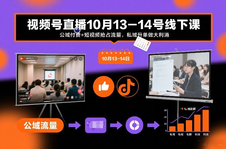 视频号直播10月13-14号线下课，公域付费+短视频抢占流量，私域升单做大利消-白蛇网赚